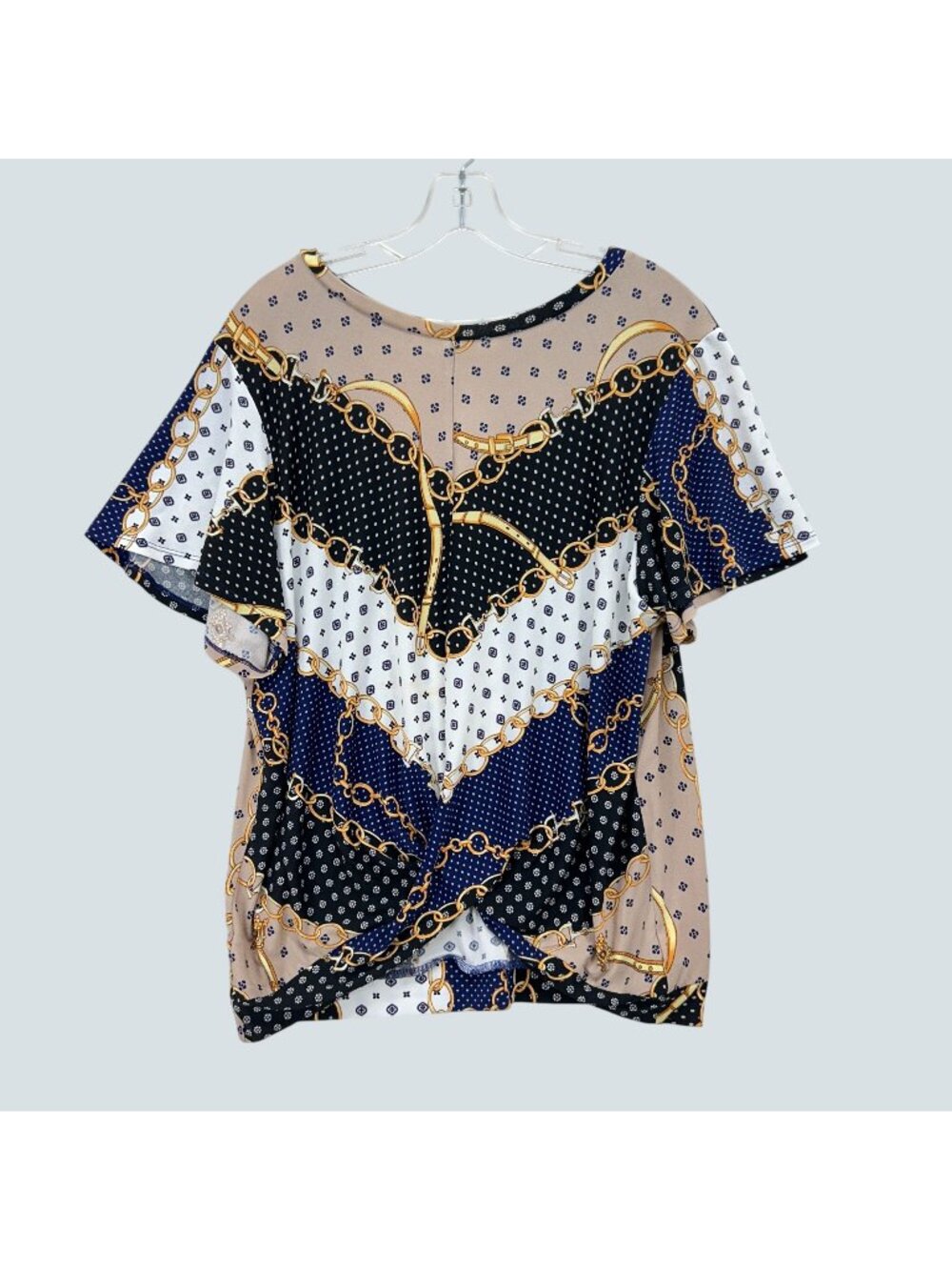 Faith and Joy by Monteau Top Women XL Scarf Print Chain Short Sleeve Blouse
